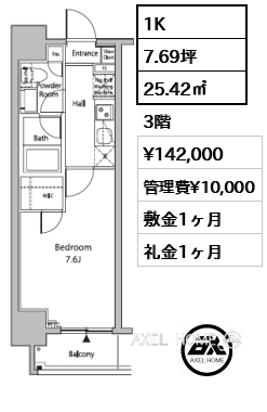 1K 25.42㎡  賃料¥142,000 管理費¥10,000 敷金1ヶ月 礼金1ヶ月