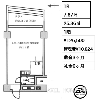 1R 25.36㎡  賃料¥126,500 管理費¥10,824 敷金3ヶ月 礼金0ヶ月