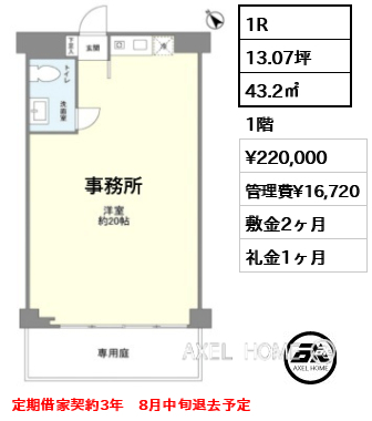 1R 43.2㎡  賃料¥220,000 管理費¥16,720 敷金2ヶ月 礼金1ヶ月 定期借家契約3年　8月中旬退去予定