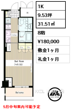 1K 31.51㎡  賃料¥180,000 敷金1ヶ月 礼金1ヶ月 5月中旬案内可能予定　　　　　