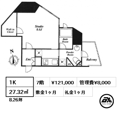1K 27.32㎡ 7階 賃料¥121,000 管理費¥8,000 敷金1ヶ月 礼金1ヶ月 4/30入居予定