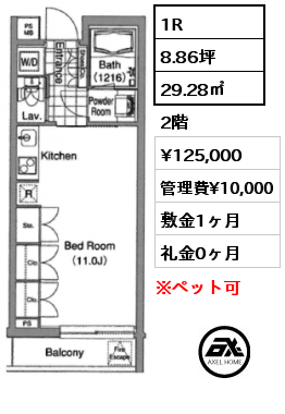 1R 29.28㎡ 2階 賃料¥130,000 管理費¥10,000 敷金1ヶ月 礼金0ヶ月 フリーレント2か月