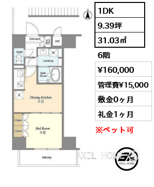 1DK 31.03㎡  賃料¥160,000 管理費¥15,000 敷金0ヶ月 礼金1ヶ月
