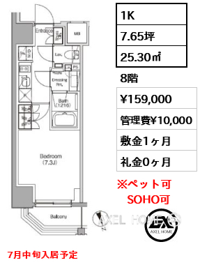 1K 25.30㎡  賃料¥159,000 管理費¥10,000 敷金1ヶ月 礼金0ヶ月 7月中旬入居予定