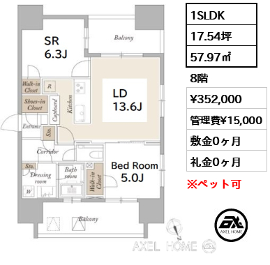 1SLDK 57.97㎡  賃料¥352,000 管理費¥15,000 敷金0ヶ月 礼金0ヶ月