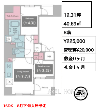  40.69㎡  賃料¥225,000 管理費¥20,000 敷金0ヶ月 礼金1ヶ月 1SDK　8月下旬入居予定
