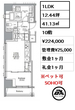 1LDK 41.13㎡ 10階 賃料¥224,000 管理費¥25,000 敷金1ヶ月 礼金1ヶ月