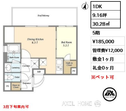 1DK 30.28㎡  賃料¥185,000 管理費¥12,000 敷金1ヶ月 礼金0ヶ月 3月下旬案内可