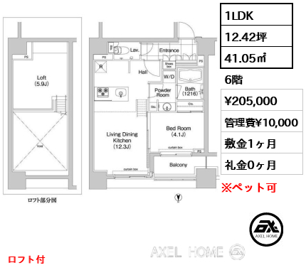 1LDK 41.05㎡  賃料¥205,000 管理費¥10,000 敷金1ヶ月 礼金0ヶ月 ロフト付