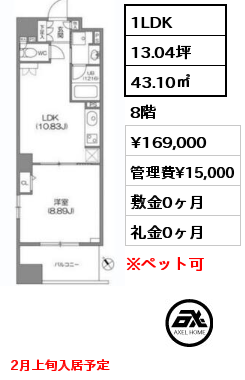 1LDK 43.10㎡ 8階 賃料¥169,000 管理費¥15,000 敷金0ヶ月 礼金0ヶ月 2月上旬入居予定