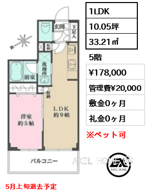 1LDK 33.21㎡  賃料¥178,000 管理費¥20,000 敷金0ヶ月 礼金0ヶ月 5月上旬退去予定