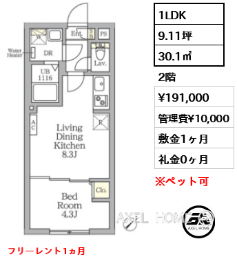 1LDK 30.1㎡  賃料¥191,000 管理費¥10,000 敷金1ヶ月 礼金0ヶ月 フリーレント1ヵ月
