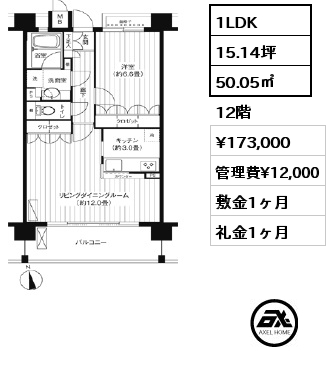 1LDK 50.05㎡ 12階 賃料¥173,000 管理費¥12,000 敷金1ヶ月 礼金1ヶ月