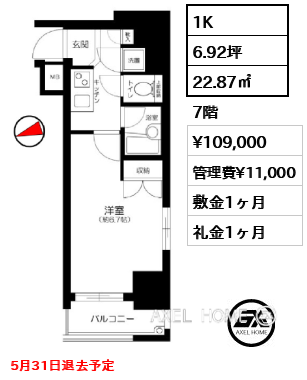 1K 22.87㎡  賃料¥109,000 管理費¥11,000 敷金1ヶ月 礼金1ヶ月 5月31日退去予定