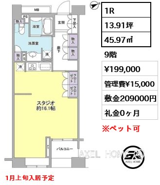 1R 45.97㎡  賃料¥199,000 管理費¥15,000 敷金209000円 礼金0ヶ月 1月上旬入居予定