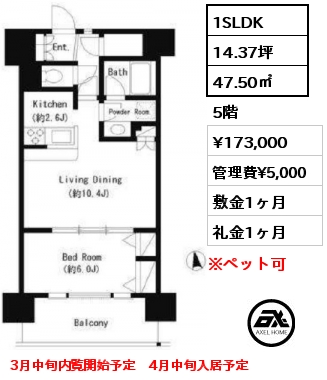 1SLDK 47.50㎡ 5階 賃料¥173,000 管理費¥5,000 敷金1ヶ月 礼金1ヶ月 3月中旬内覧開始予定　4月中旬入居予定