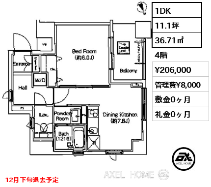 1DK 36.71㎡  賃料¥206,000 管理費¥8,000 敷金0ヶ月 礼金0ヶ月 12月下旬退去予定