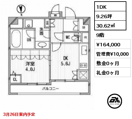 1DK 30.62㎡ 9階 賃料¥164,000 管理費¥10,000 敷金0ヶ月 礼金0ヶ月 3月26日案内予定
