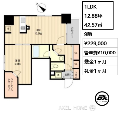 1LDK 42.57㎡  賃料¥229,000 管理費¥10,000 敷金1ヶ月 礼金1ヶ月