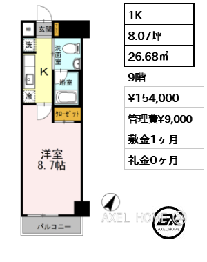 1K 26.68㎡  賃料¥154,000 管理費¥9,000 敷金1ヶ月 礼金0ヶ月