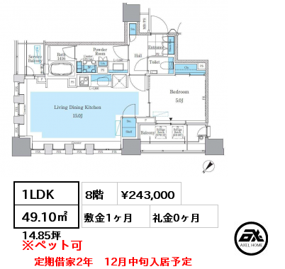 1LDK 49.10㎡ 8階 賃料¥247,000 敷金1ヶ月 礼金1ヶ月 定期借家2年　12月中旬入居予定　