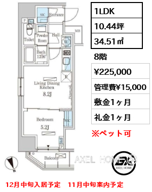 1LDK 34.51㎡  賃料¥225,000 管理費¥15,000 敷金1ヶ月 礼金1ヶ月 12月中旬入居予定　11月中旬案内予定