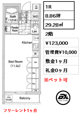 1R 29.28㎡ 2階 賃料¥121,000 管理費¥10,000 敷金1ヶ月 礼金0ヶ月