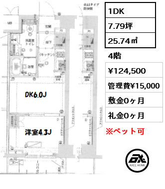 1DK 25.74㎡ 4階 賃料¥127,000 管理費¥15,000 敷金0ヶ月 礼金0ヶ月