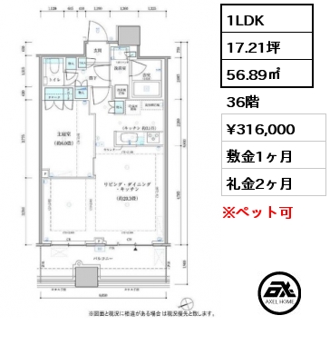 1LDK 56.89㎡ 36階 賃料¥316,000 敷金1ヶ月 礼金2ヶ月
