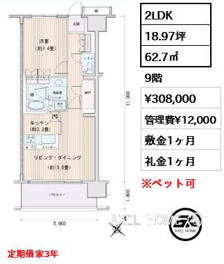 2LDK 62.7㎡  賃料¥308,000 管理費¥12,000 敷金1ヶ月 礼金1ヶ月 定期借家3年