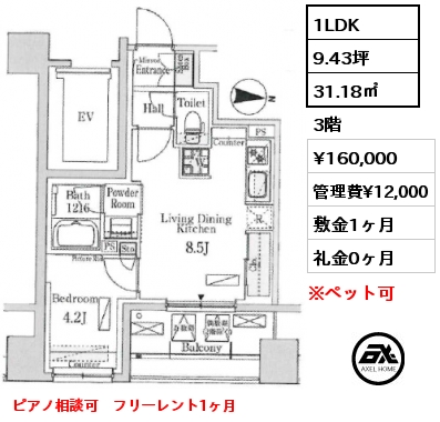 1LDK 31.18㎡ 3階 賃料¥160,000 管理費¥12,000 敷金1ヶ月 礼金0ヶ月 ピアノ相談可　フリーレント1ヶ月