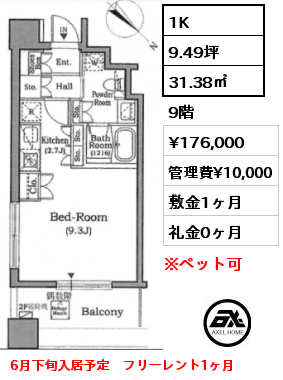 1K 31.38㎡ 9階 賃料¥176,000 管理費¥10,000 敷金1ヶ月 礼金0ヶ月 6月下旬入居予定　フリーレント1ヶ月