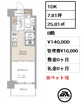 1DK 25.81㎡ 8階 賃料¥140,000 管理費¥10,000 敷金0ヶ月 礼金0ヶ月