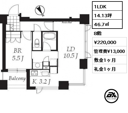 1LDK 46.7㎡ 8階 賃料¥220,000 管理費¥13,000 敷金1ヶ月 礼金1ヶ月
