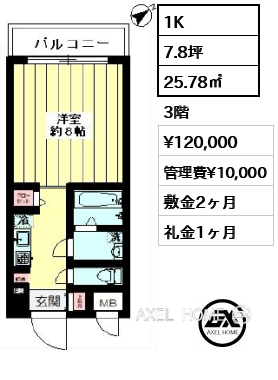 1K 25.78㎡  賃料¥120,000 管理費¥10,000 敷金2ヶ月 礼金1ヶ月
