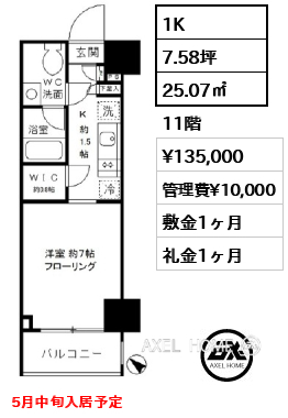 1K 25.07㎡  賃料¥135,000 管理費¥10,000 敷金1ヶ月 礼金1ヶ月 5月中旬入居予定