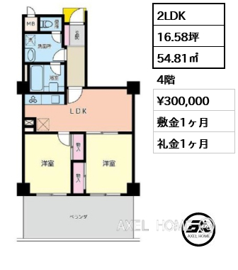 2LDK 54.81㎡  賃料¥300,000 敷金1ヶ月 礼金1ヶ月 　