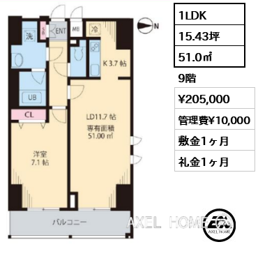 1LDK 51.0㎡  賃料¥205,000 管理費¥10,000 敷金1ヶ月 礼金1ヶ月