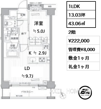 1LDK 43.06㎡  賃料¥222,000 管理費¥8,000 敷金1ヶ月 礼金1ヶ月