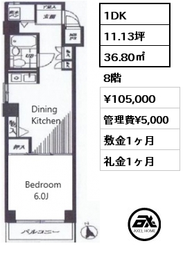 1DK 36.80㎡ 8階 賃料¥105,000 管理費¥5,000 敷金1ヶ月 礼金1ヶ月