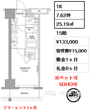 1K 25.19㎡  賃料¥133,000 管理費¥15,000 敷金1ヶ月 礼金0ヶ月 フリーレント1ヶ月