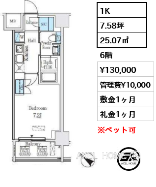 1K 25.07㎡  賃料¥130,000 管理費¥10,000 敷金1ヶ月 礼金1ヶ月