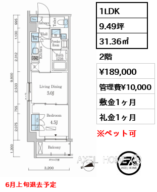 1LDK 31.36㎡  賃料¥189,000 管理費¥10,000 敷金1ヶ月 礼金1ヶ月 6月上旬退去予定