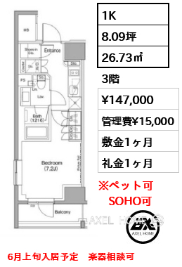 1K 26.73㎡  賃料¥147,000 管理費¥15,000 敷金1ヶ月 礼金1ヶ月 6月上旬入居予定　楽器相談可