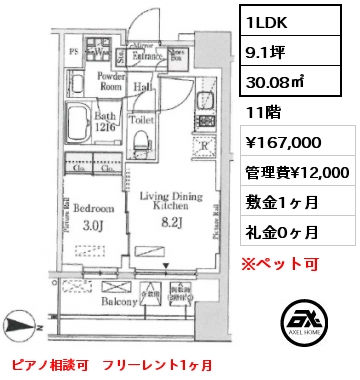 1LDK 30.08㎡ 11階 賃料¥167,000 管理費¥12,000 敷金1ヶ月 礼金0ヶ月 ピアノ相談可　フリーレント1ヶ月