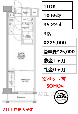 1LDK 35.22㎡  賃料¥225,000 管理費¥25,000 敷金1ヶ月 礼金0ヶ月 3月上旬退去予定