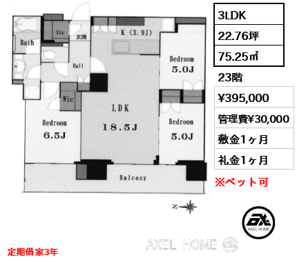 3LDK 75.25㎡  賃料¥395,000 管理費¥30,000 敷金1ヶ月 礼金1ヶ月 定期借家3年