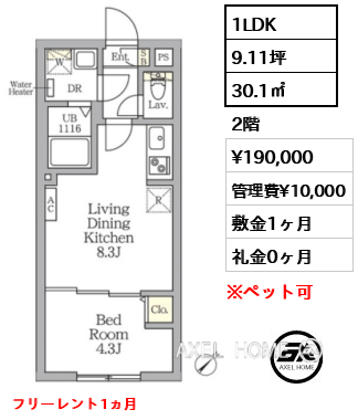 1LDK 30.1㎡  賃料¥190,000 管理費¥10,000 敷金1ヶ月 礼金0ヶ月 フリーレント1ヵ月