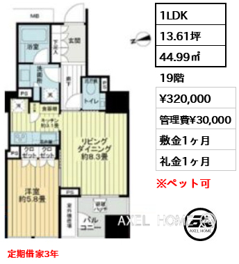 1LDK 44.99㎡  賃料¥320,000 管理費¥30,000 敷金1ヶ月 礼金1ヶ月 定期借家3年