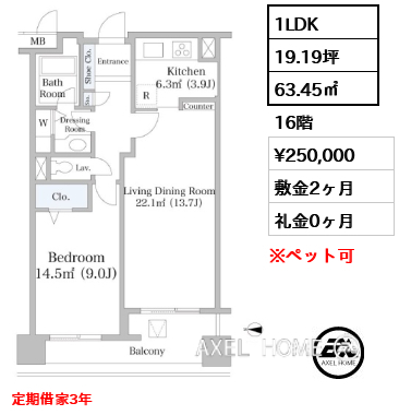 1LDK 63.45㎡  賃料¥250,000 敷金2ヶ月 礼金0ヶ月 定期借家3年
